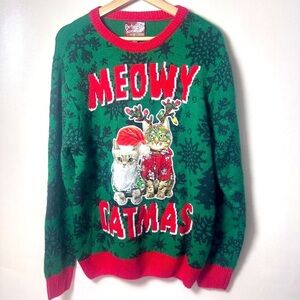 Christmas Meowy Catmas Holiday Party Cat Themed Green Red Sweater Size L…
